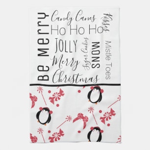 Penguin Christmas Candy Words Tea Towel