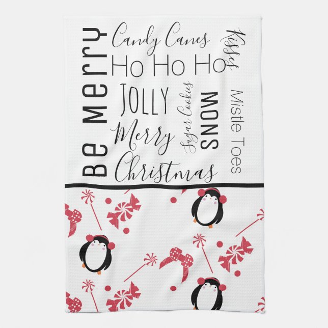 Penguin Christmas Candy Words Tea Towel (Vertical)