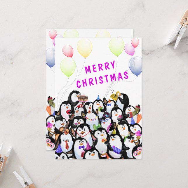 Penguin Christmas Card Happy Penguins Party (Front/Back In Situ)