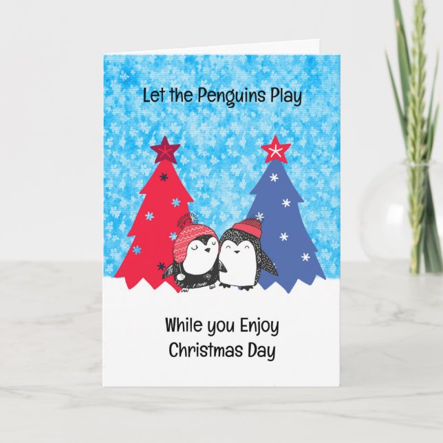 Penguin Christmas Card with Trees and Snow (Front)