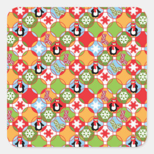 Penguin Christmas Circles Pattern Square Stickers