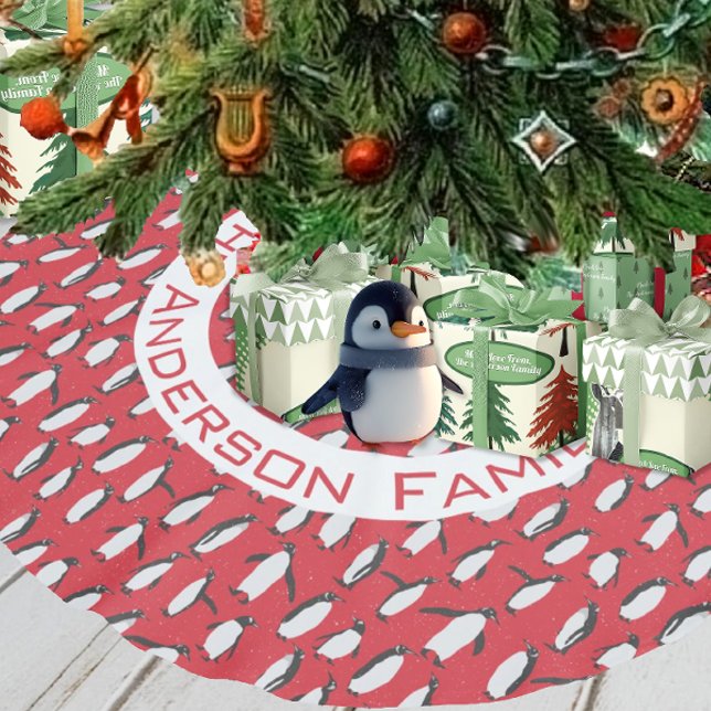 Penguin Christmas Family Name and Snowflakes Brushed Polyester Tree Skirt (Creator Uploaded)