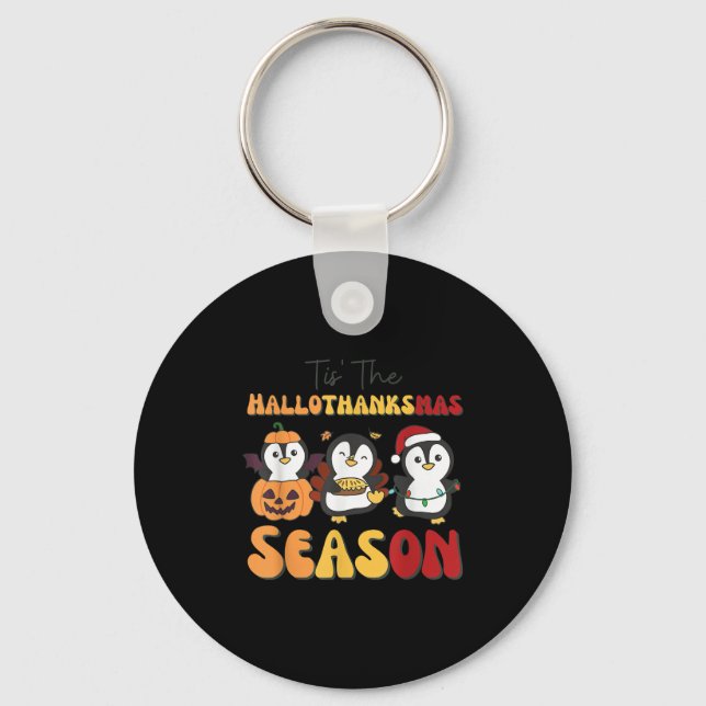 Penguin Christmas Halloween Tis' The Hallothanksma Key Ring (Front)