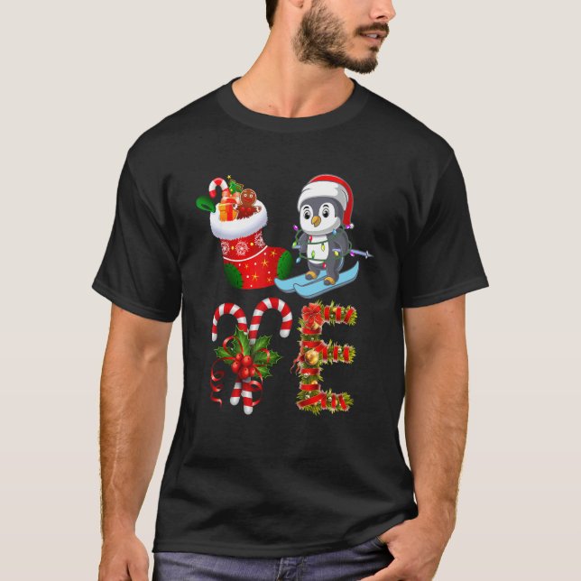 Penguin Christmas Lights Led  Santa Hat Christmas T-Shirt (Front)