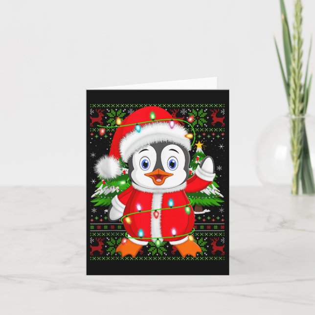 Penguin Christmas Lights Santa Costume Ugly Xmas S Card (Front)