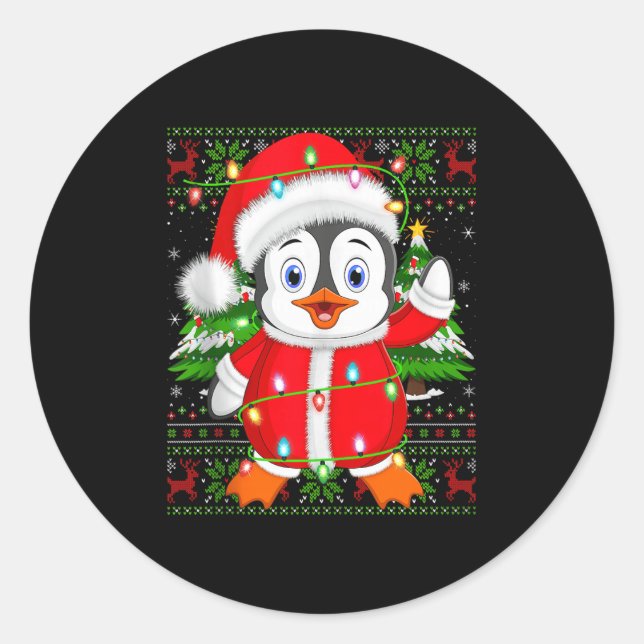 Penguin Christmas Lights Santa Costume Ugly Xmas S Classic Round Sticker (Front)
