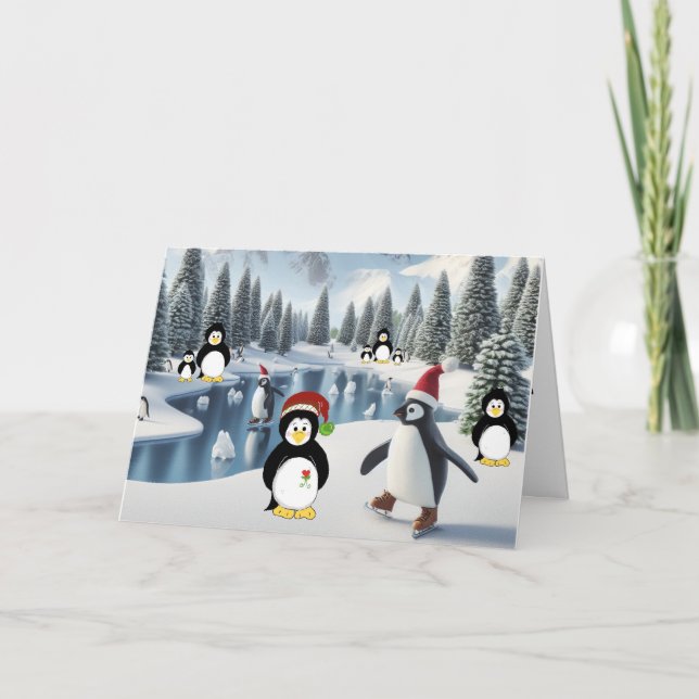 Penguin Christmas on Ice Holiday Card (Front)
