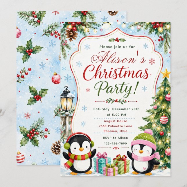 Penguin Christmas Party Invitation (Front/Back)