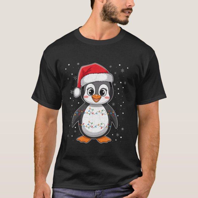 Penguin Christmas Santa Hat Festive Lights Costume T-Shirt (Front)