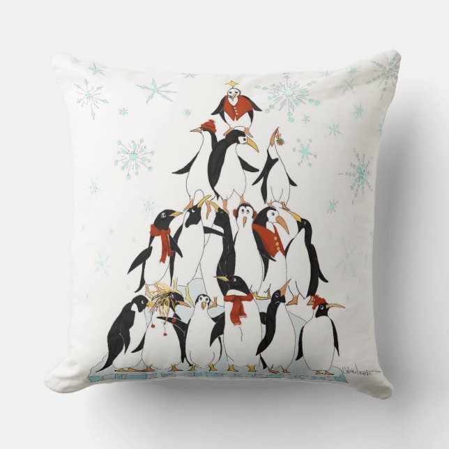 Penguin Christmas Tree Fun Holiday Cartoon Cushion (Front)