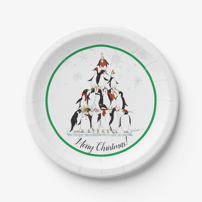 Penguin Christmas Tree Fun Holiday Cartoon Paper Plate (Front)