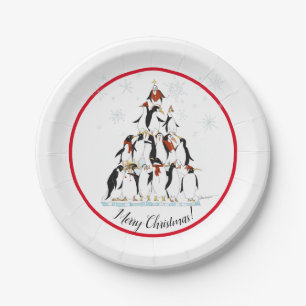 Penguin Christmas Tree Fun Holiday Cartoon Paper Plate