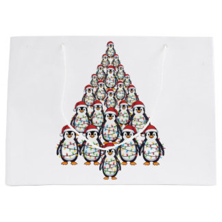 Penguin Christmas Tree Santa Hat Christmas Lights Large Gift Bag