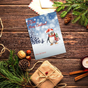 Penguin Christmas tree snow  Holiday Postcard