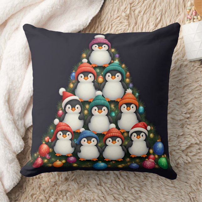 Penguin Christmas Tree Throw Pillow Cover (Blanket)