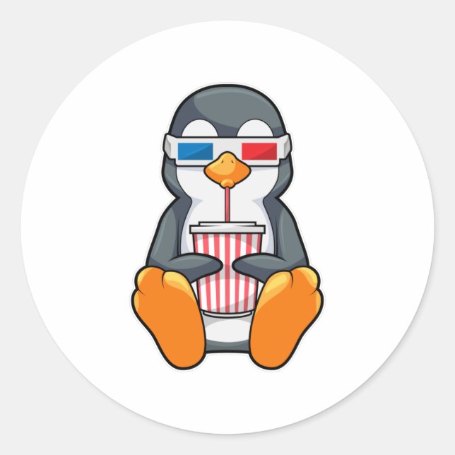 Penguin Cinema Glasses Drinking cup Classic Round Sticker (Front)