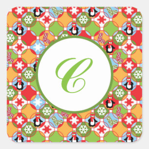 Penguin Circles Monogram Square Stickers