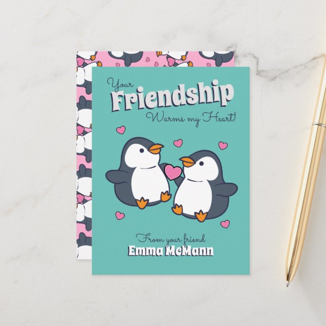 Penguin Classroom Valentine Cute Friendship Card (Front/Back In Situ)