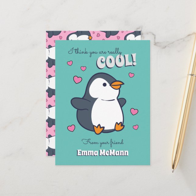Penguin Classroom Valentine Cute Kids Card (Front/Back In Situ)