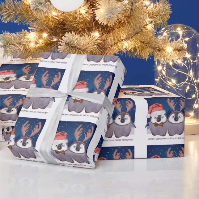 Penguin Couple Cute Christmas Santa and Reindeer Wrapping Paper (Holidays)