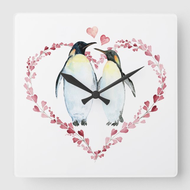 Penguin Couple in Love Heart Wreath Square Wall Clock (Front)