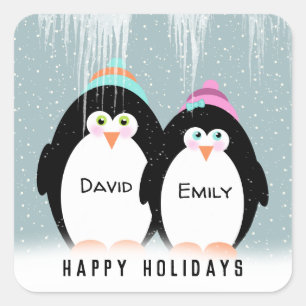 Penguin Couple In Snowflakes Square Sticker