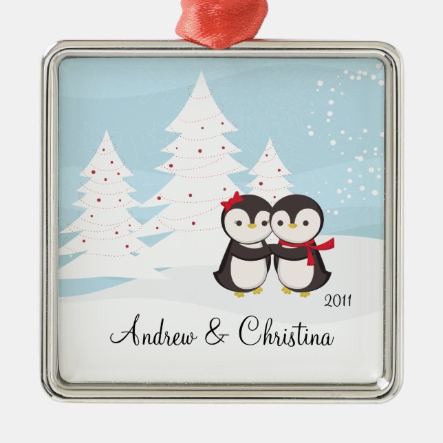 Penguin Couple Love Cute Christmas Ornament (Front)