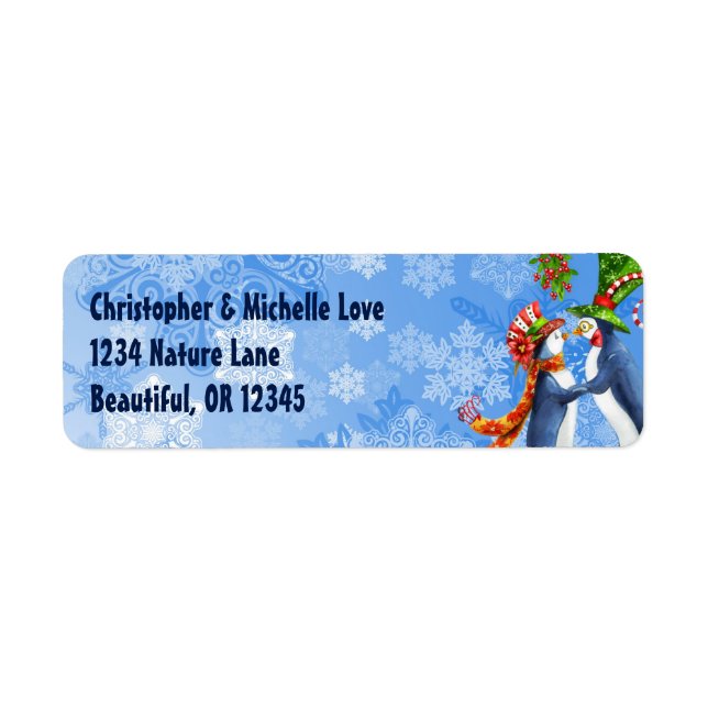 Penguin Couple, Mistletoe, Snowflakes Address (Front)