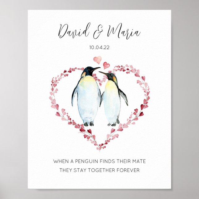 Penguin Couple Penguins in Love Heart Wreath Poster (Front)