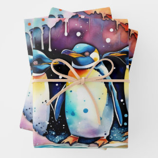 Penguin Couple Watercolor Sunset on Iceberg Wrapping Paper Sheet