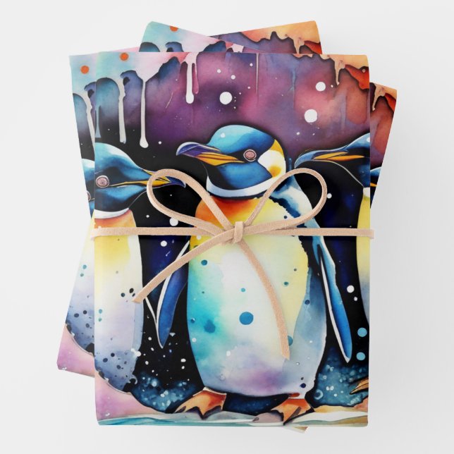 Penguin Couple Watercolor Sunset on Iceberg Wrapping Paper Sheet (In situ)