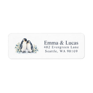 Penguin Couple Watercolor Wedding Return Adress