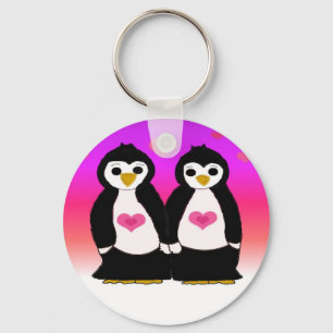 Penguin Couple with Hearts Key Ring