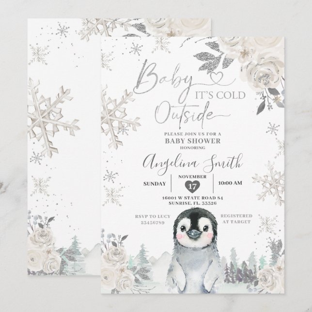 Penguin Creamy White Snowflake Floral Baby Shower Invitation (Front/Back)