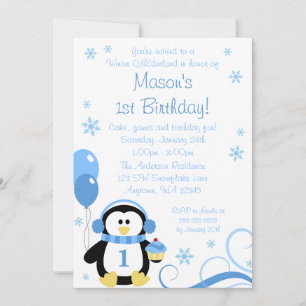 Penguin Cupcake Swirls Winter Onederland Blue Invitation