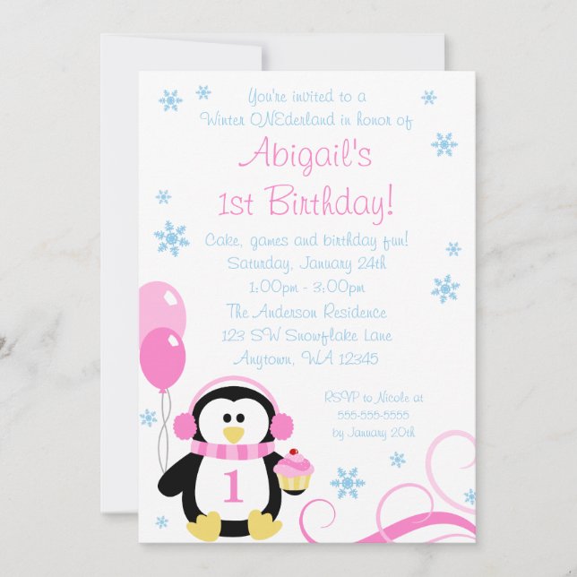 Penguin Cupcake Swirls Winter Onederland Pink Blue Invitation (Front)