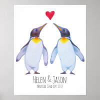 Penguin Custom Names Wedding Couple Wall Art