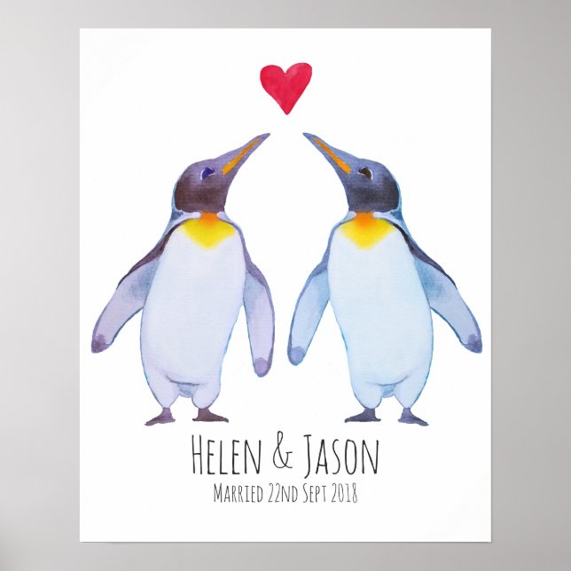 Penguin Custom Names Wedding Couple Wall Art (Front)