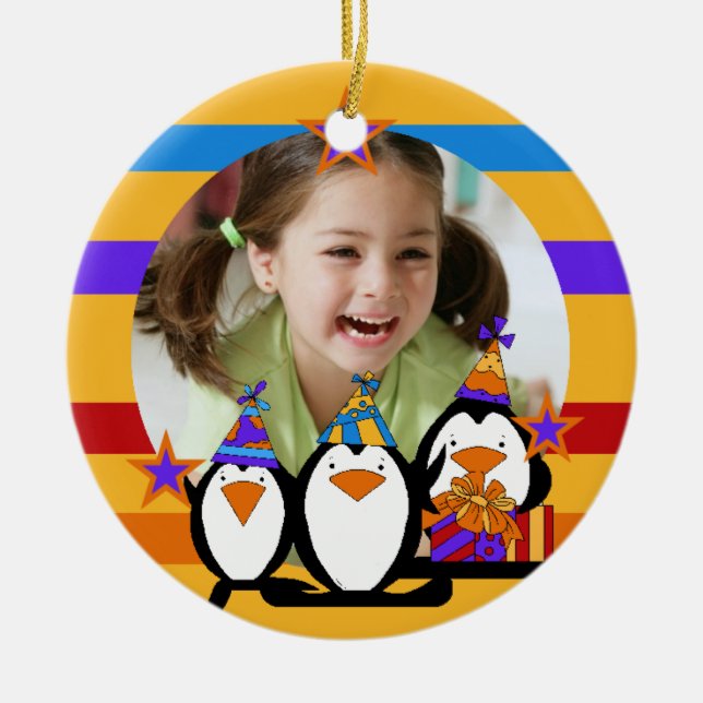 Penguin Customised Photo Birthday Keepsake Ceramic Tree Decoration (Front)