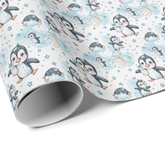 Penguin Cute Baby Pastel Watercolor Pattern  Wrapping Paper (Roll Corner)
