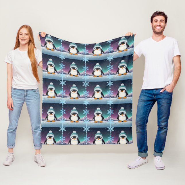 Penguin Cute Kawaii Blue Cap Pattern Fleece Blanket (In Situ)
