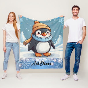 Penguin Cute Kawaii Brown Cap Print Fleece Blanket