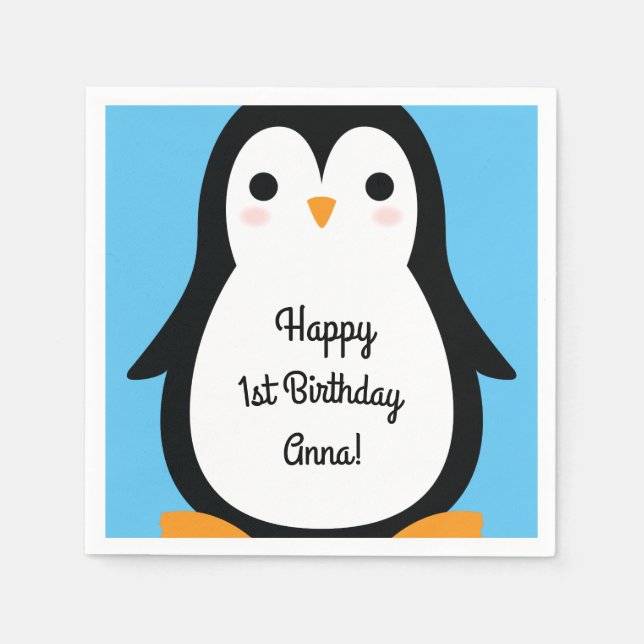 Penguin Cute Winter 1st Birthday Party Napkins (Front)