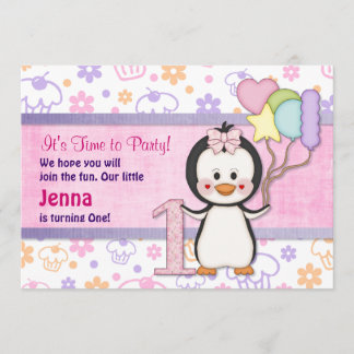 Penguin Cutie- Girl First Birthday Invitation