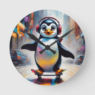 Penguin Digital Art Painting Cool Round Clock
