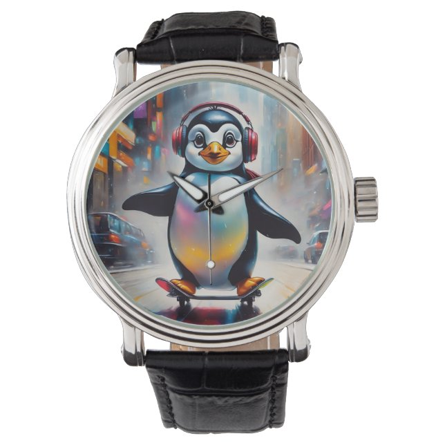 Penguin Digital Art Painting Cool Watch (Front)