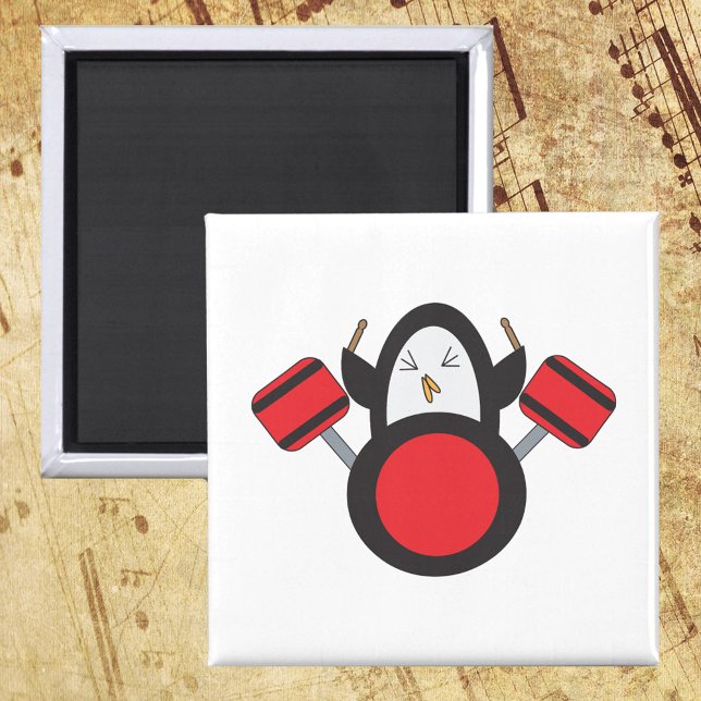 Penguin Drummer Music Cute Magnet (A magnet with a cute penguin playing the drums.)