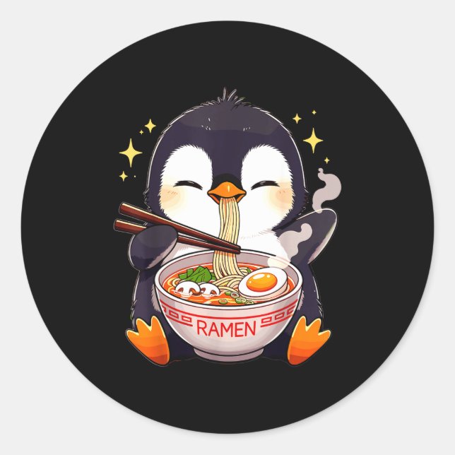 Penguin Eating Ramen  Classic Round Sticker (Front)