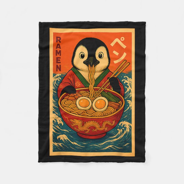 Penguin Eating Ramen Japanese Noodles Funny  Fleece Blanket (Front)