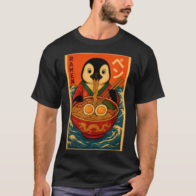 Penguin Eating Ramen Japanese Noodles Funny  T-Shirt (Front)
